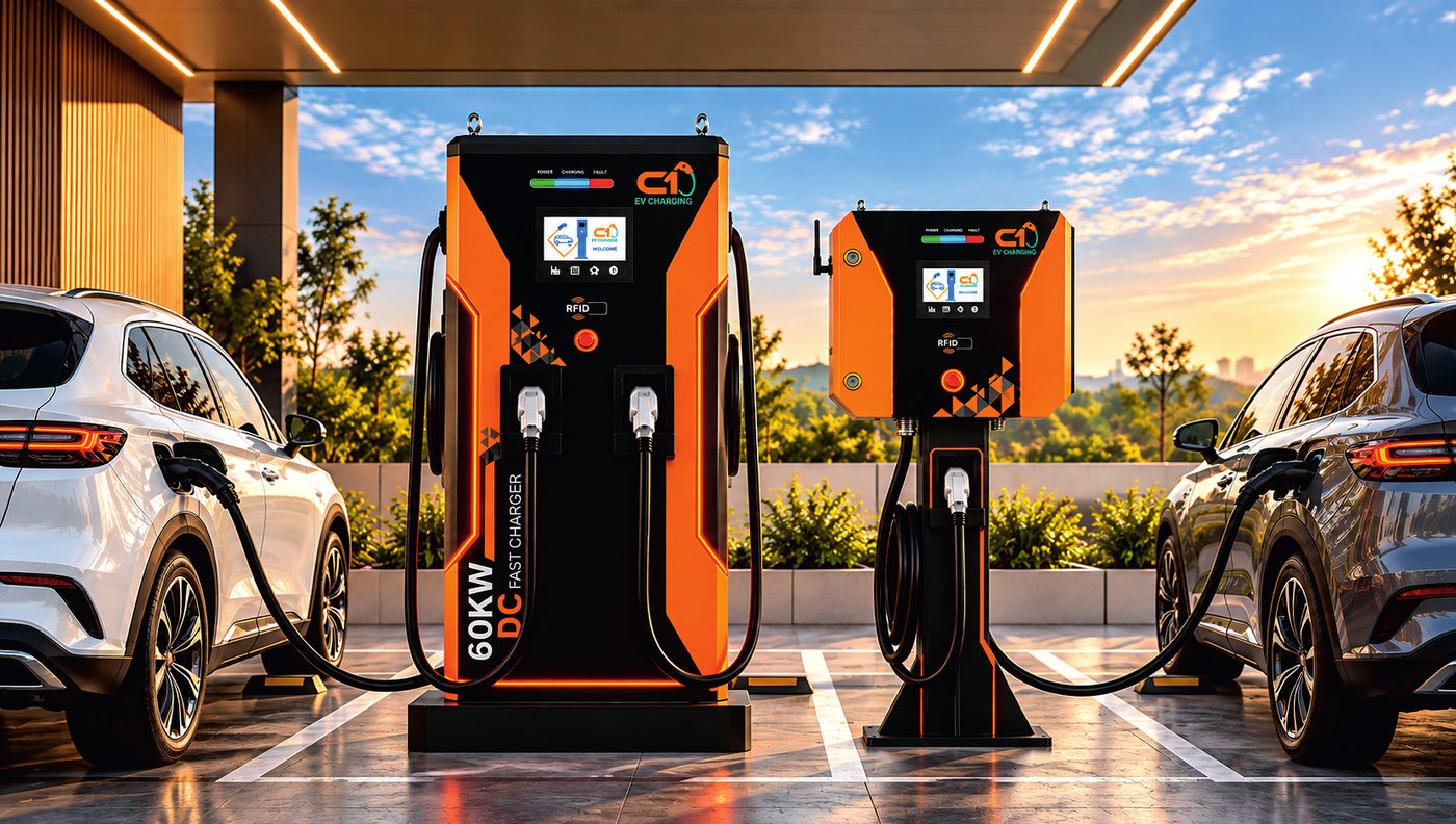 Row of C1 EV chargers at a charging station